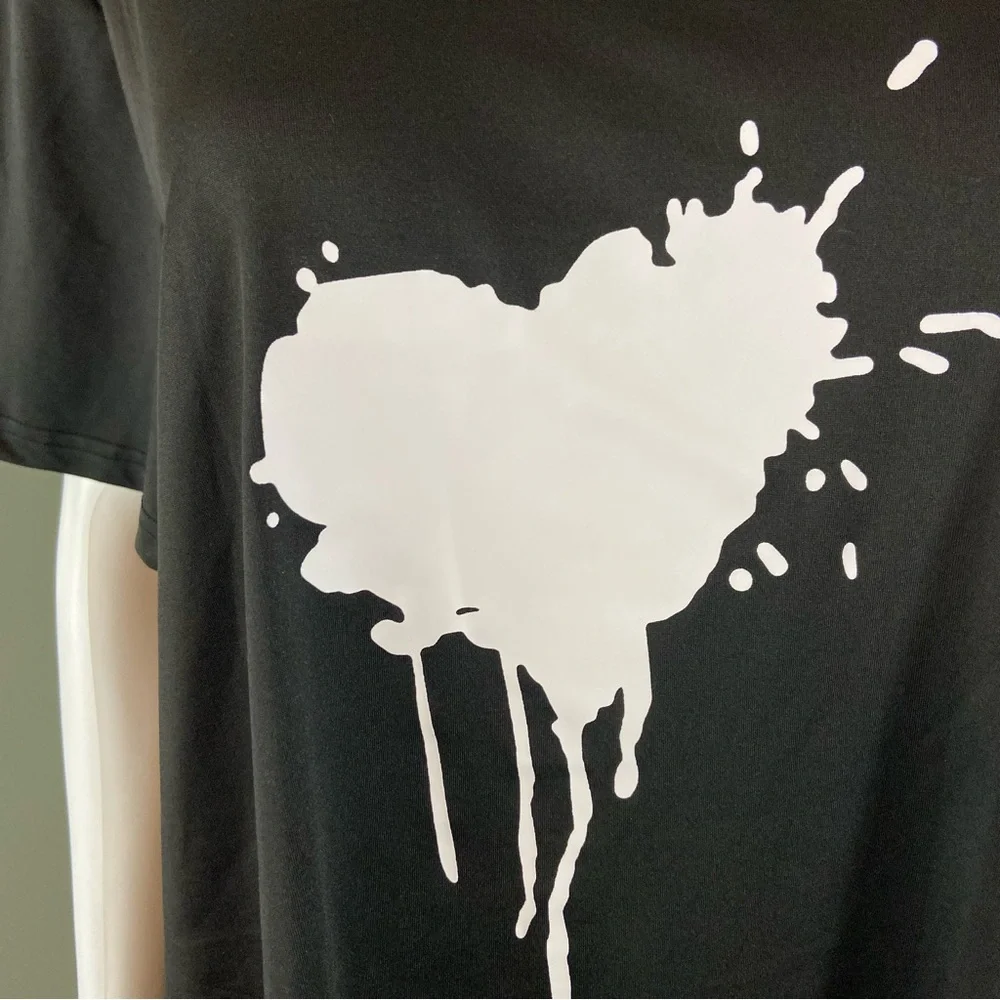 3/$12 Shein Curve Heart Splatter Off One Shoulder Bow Tie Tee T-Shirt Blouse Top - Picture 9 of 12